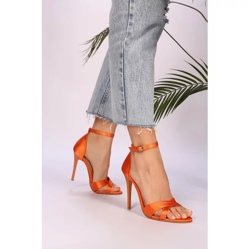 Shoeberry Women's Elena Orange Satin Heeled Shoes