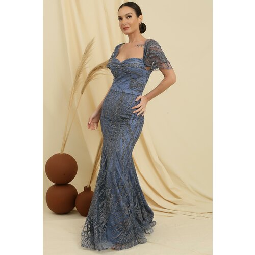 By Saygı Strapless Low Sleeve Lined SilveryFlock Printed Long Mermaid Dress Cene