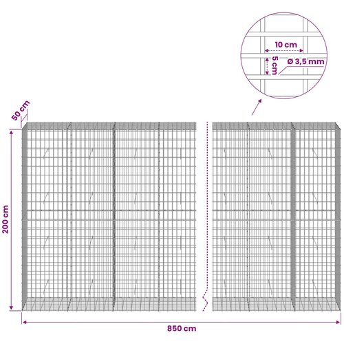 Gabion s žicom debljine 3,5 mm i mrežom 5x10 cm 850x50x200 cm Slike