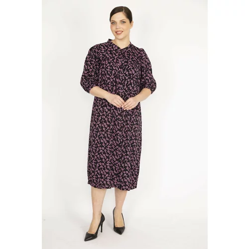 Şans Women's Colorful Large Size Woven Viscose Fabric Front Button Dress