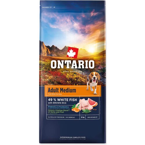Ontario Adult Medium - bela riba in rjavi riž 12 kg Cene