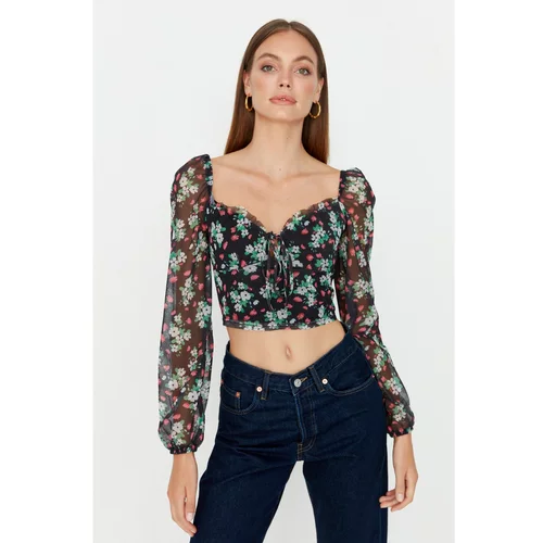 Trendyol Black Crop Collar Printed Tulle Knitted Blouse