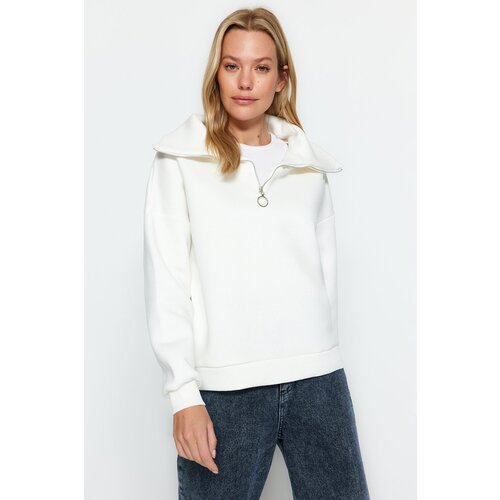 Trendyol Ecru Zipper Standing Collar Thick Fleece Inside Regular Fit Knitted Sweatshirt Slike
