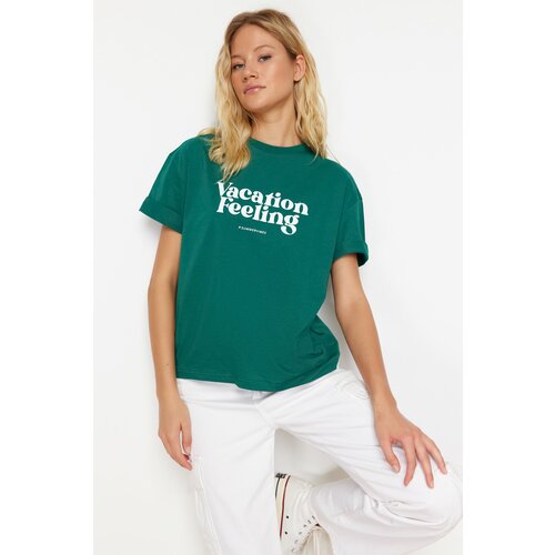 Trendyol Emerald Green Printed Premium 100% Cotton Relaxed/Comfortable Fit Knitted T-Shirt Slike