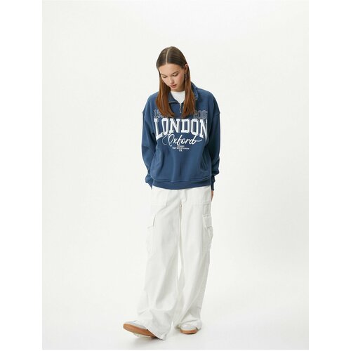 Koton Half Zipper Sweatshirt Comfortable Fit College Themed Printed Cotton Blend Slike