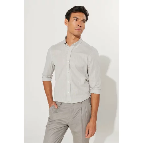 AC&Co / Altınyıldız Classics Men's Gray Tailored Slim Fit Slim-fit Oxford Buttoned Collar Linen-Looking 100% Cotton Flared Shirt.