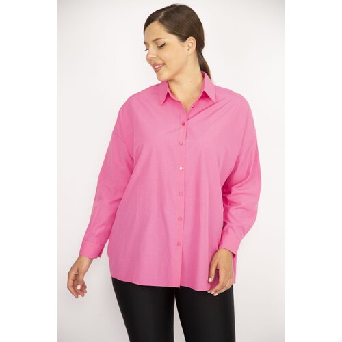 Şans Women's Plus Size Pink Front Buttoned Long Sleeve Shirt Slike