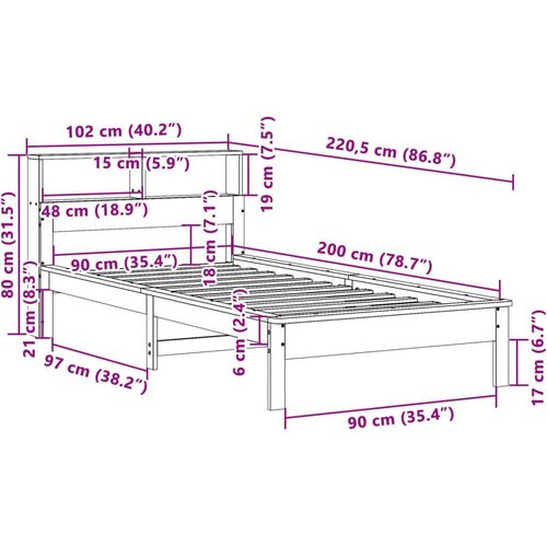 VidaXL Krevet s regalom za knjige bez madraca 90 x 200 cm od borovine Slike