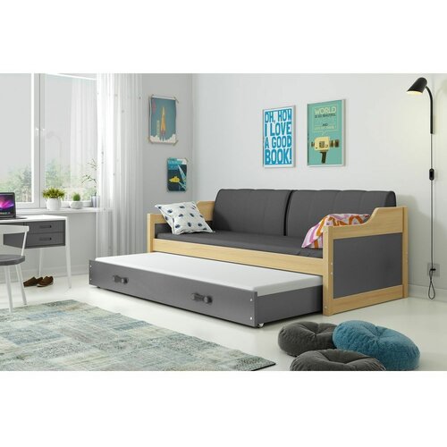 Dawid drveni dečiji krevet sa dodatnim krevetom - 190x80 cm - svetlo drvo-sivi Cene