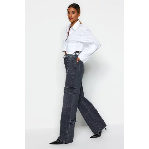 Trendyol Anthracite High Waist Wide Leg Jeans with Cargo Pocket