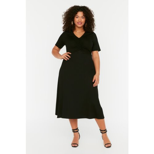 Trendyol Curve Black V Neck Pleated Knitted Dress Cene