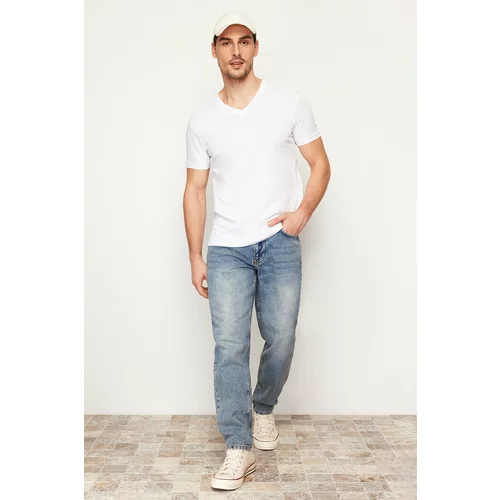 Trendyol Men's White Regular/Normal Fit V-Neck Basic 100% Cotton T-Shirt
