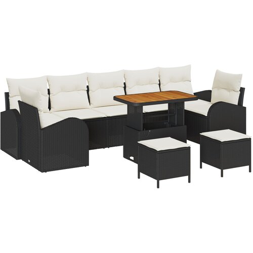 VidaXL 10-dijelni set vrtnih sofa s jastučićima crnoi poli ratan akacije, 2-sjedna vrtna sofa s pohranom i jastučićima crni poli ratan, 3-dijelni set vrtne blagovaonice s jastučićima crni poli ratan akacija Slike