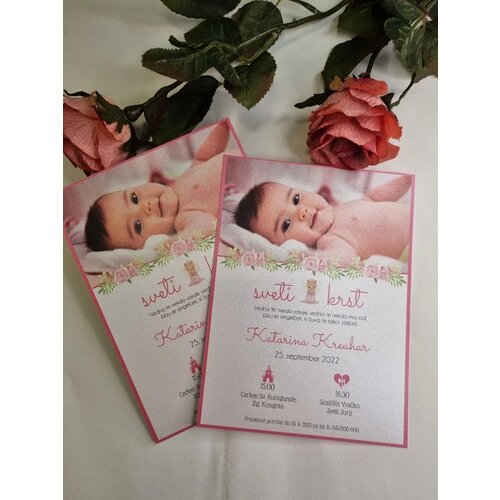  Vabilo za krst z angelčom in sliko otroka, roza REK03-5 - BELA MAT Cene