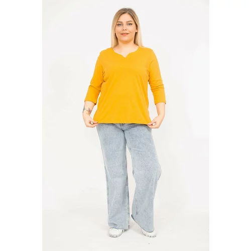 Şans Women's Mustard Plus Size Cotton Fabric V-Neck Capri Sleeve Blouse