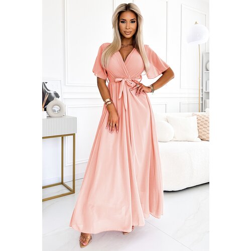 numoco basic 545-4 Long dress with pleated neckline and tie - peach color Cijene