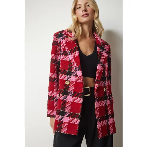 Happiness İstanbul Women's Red Pink Double Breasted Collar Patterned Elegant Woven Jacket