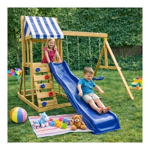 Kinder Home Dečiji drveni set za igru na otvorenom 4 u 1 &amp;ndash; tobogan 1,8 m, 2 ljulja&amp;scaron;ke, penjalica i mreža od konopaca, 308&amp;times;318&amp;times;244 cm ( SG3 Slike
