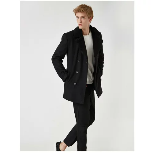 Koton Black Wool Collar Faux Fur Notched Collar Buttoned Pocket Coat