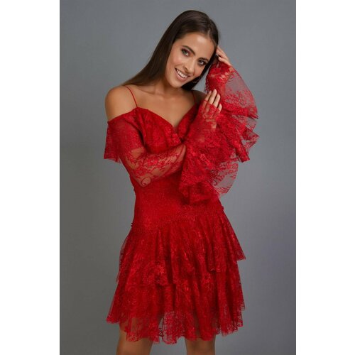 Carmen Red Lace Long Sleeve Short Evening Dress Slike