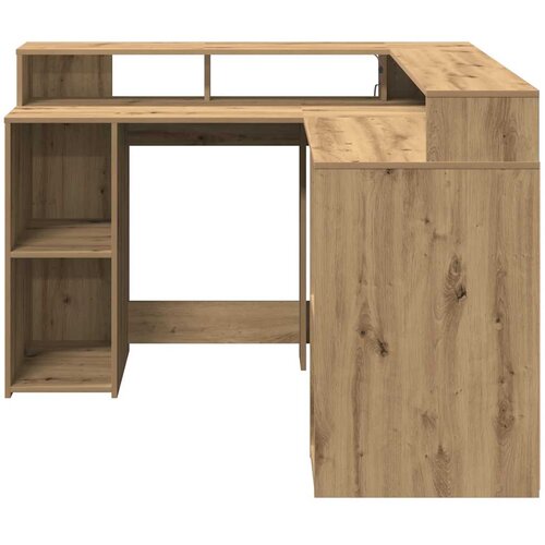  Radni stol s LED svjetlima boja hrasta 130 x 130 x 91 cm drveni Slike