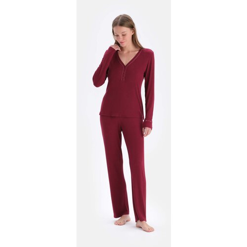 Dagi Damson Ribbed Long Sleeve Viscose T-Shirt Trousers Pajamas Set Slike