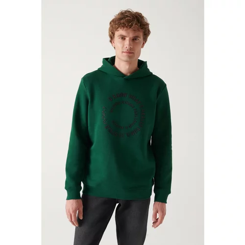 Avva Men's Green Hooded 3 Thread Fleece Inside Printed Standard Fit Regular Cut Sweatshirt