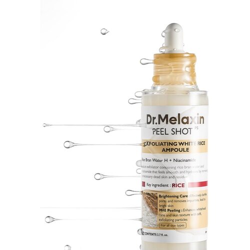 Dr. Melaxin Peel Shot Exfoliating White Rice Ampoule eksfoliacijski piling serum za posvetlitev in zgladitev kože 80 ml Slike