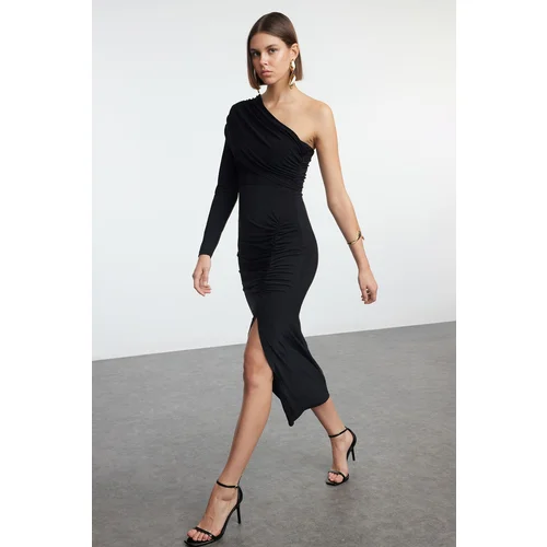 Trendyol Black Plain Maxi Single Sleeve Draped Detail Slit Body-Fitting Flexible Maxi Knit Dress