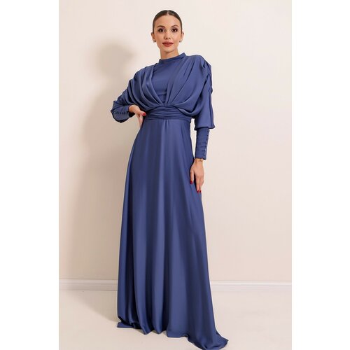 By Saygı Front Back Pleated Sleeves Button Detailed Lined Long Satin Dress Indigo. Slike