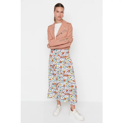Trendyol Lilac Floral Patterned High Waist Viscose Skirt