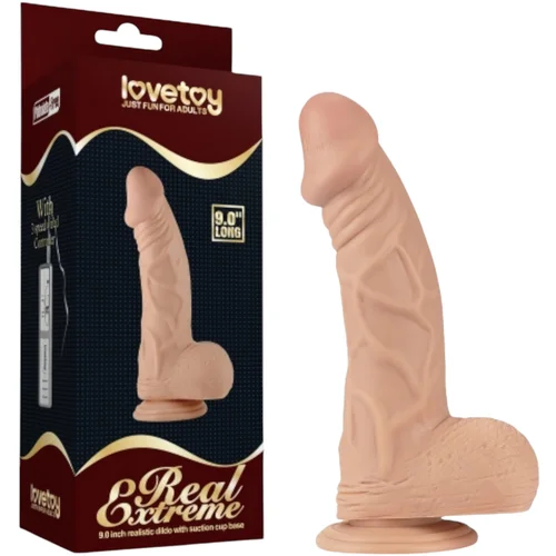 Lovetoy Real Extreme - dildo s vakumskim postoljem, s testisima - 23cm (prirodna boja)