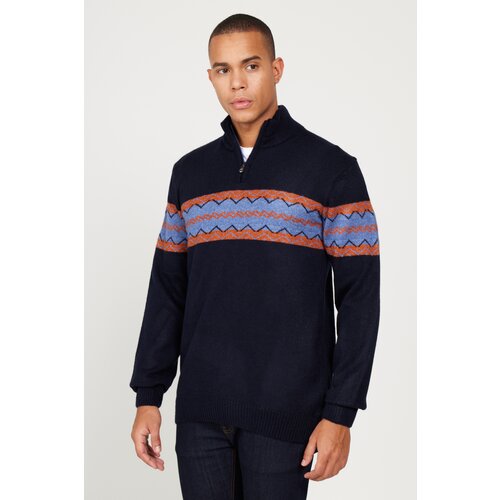 AC&Co / Altınyıldız Classics Men's Navy Blue-Orange Standard Fit Regular Cut Bato Collar Zippered Ethnic Patterned Wool Knitwear Sweater. Slike