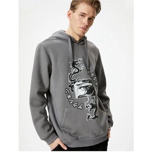 Koton Back Printed Hoodie Asian Theme Kangaroo Pocket Detail