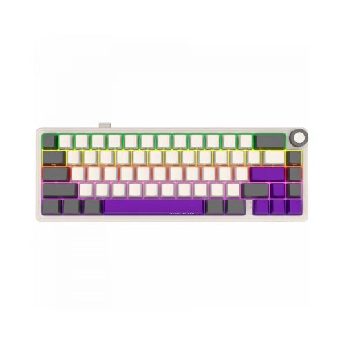 Lorgar Wireless mechanical gaming keyboard Pro, 2.4 GHz, BT, RGB Backlight, 16 modes, 66 keys, 50M presses, linear Toxic Purple switches, multimedia knob, built-in 3750 mAh battery, Hot Swap, Gasket mount, spring cable 2.3m, beige grey purple Cene