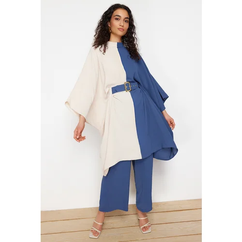 Trendyol Indigo Color Block Waist Belted Tunic-Pants Woven Suit