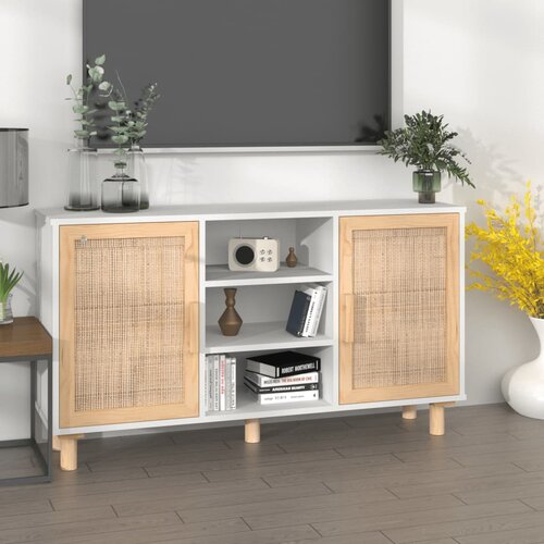 VidaXL Komoda bela 105x30x60 cm trdna borovina in naravni ratan Slike