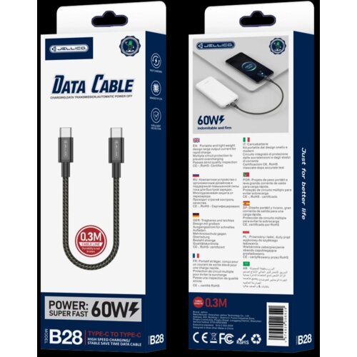 Jellico podatkovni polnilni kabel B28 Type C na Type C 1m 60W - črn Cene