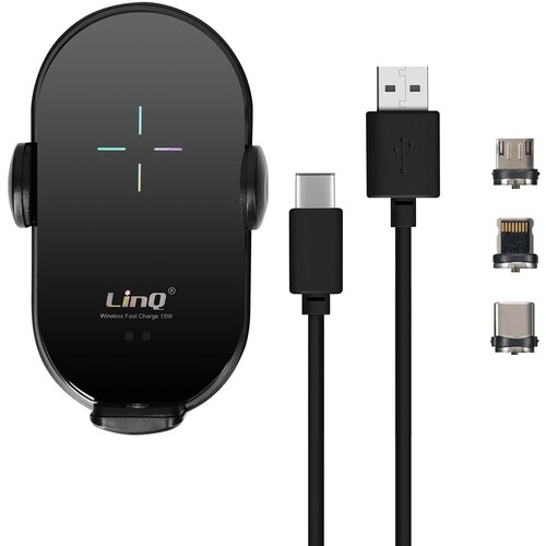 LINQ 15W qi avtomobilsko držalo za pametni telefon 3 magnetni konektorji lightning, usb-c, micro usb - (20649908) Slike