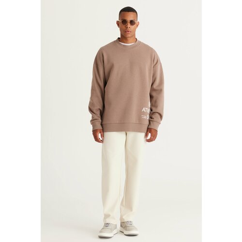 AC&Co / Altınyıldız Classics Men's Beige Oversize Fit Loose Cut 3 Thread Cotton Printed Sweatshirt with Fleece Inside Slike