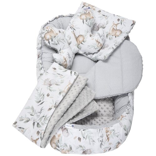 Medi Partners Cocoon in a 5-piece set (cocoon / insert / butterfly pillow / flat pillow / quilt 75x55) – Deer in leaves + gray Minky Cene