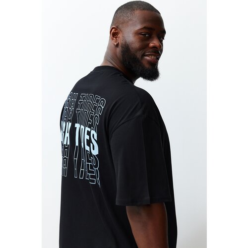 Trendyol Large Size Men's Black Oversize/Wide Cut Comfortable Printed 100% Cotton T-Shirt Cene