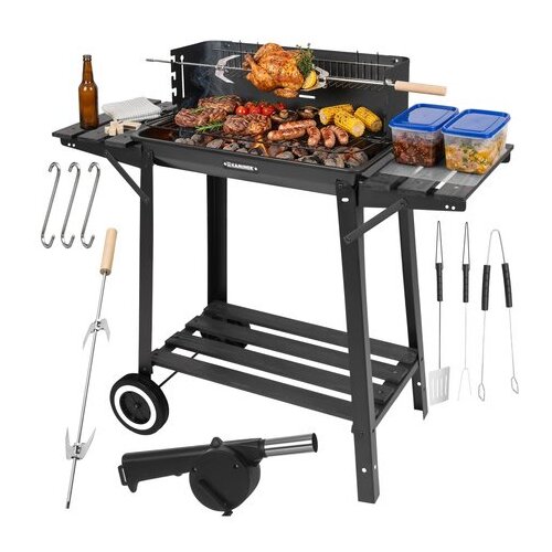 Kaminer vrtni ro&amp;scaron;tilj na ugljen s ražnjem (rotisserie), poklopcem i policama 93x41x86 cm Slike