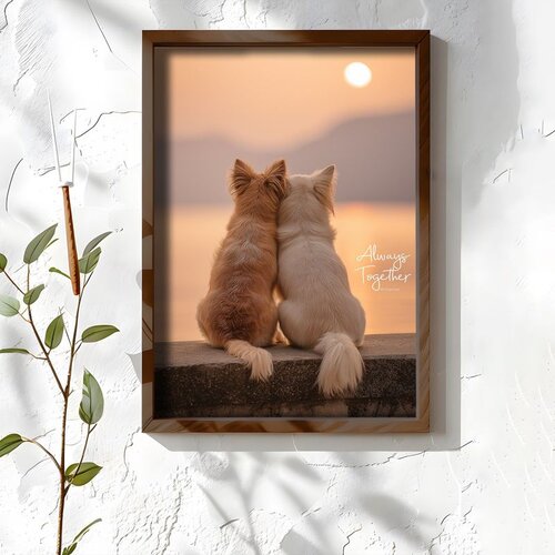 Wallxpert uramljena MDF slika NAL009-70, dva psa na zidu gledaju zalazak sunca nad morem, natpis Always Together, 50 x 70 cm Cene