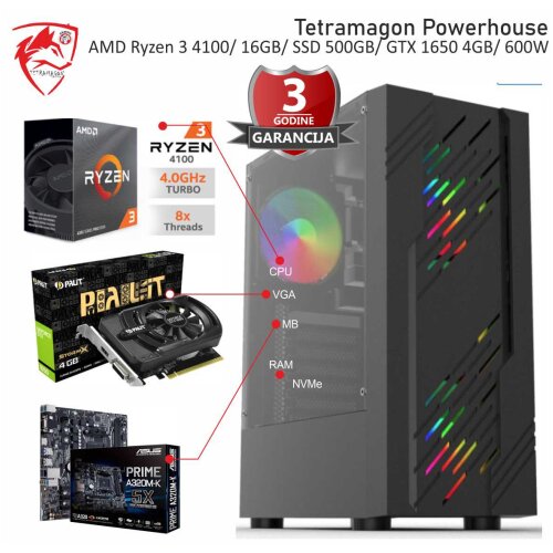 TETRAMAGON series Powerhouse AMD Ryzen 3 4100/16GB/SSD 500GB/GTX 1650 4GB/600W gejmerski računar Slike