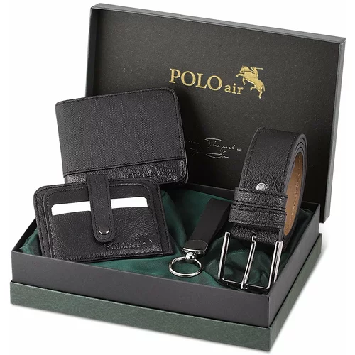 Polo Air Belt, Wallet, Card Holder, Keychain, Black Set in a Gift Box