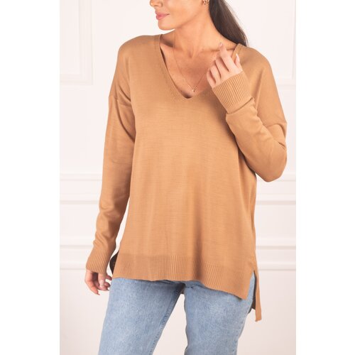 armonika Women's Mink V-Neck Front Short Back Long Knitwear Sweater Slike