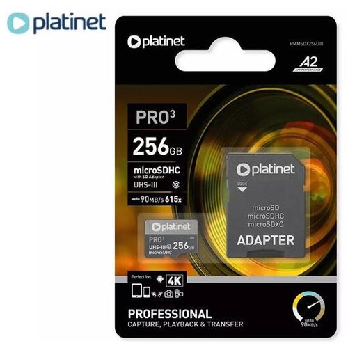 Platinet pomnilni&scaron;ka kartica microSD PMMSDX256UIII, 256GB, 90MB/s, class10, UHS-I, +adapter Cene