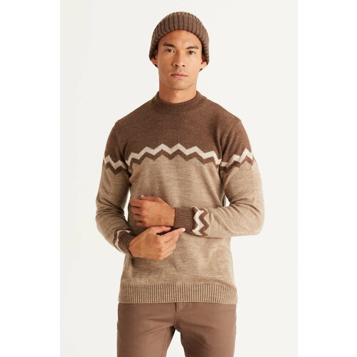 AC&Co / Altınyıldız Classics Men's Brown-beige Standard Fit Regular Cut Half Turtleneck Zigzag Pattern Knitwear Sweater. Cene