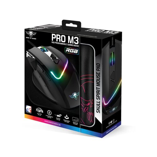 Spirit Of Gamer mi&amp;scaron;ka - PRO-M3 rgb (optična, 7200DPI, 8 gumbov, obtežena, sock kabel, črna) + podloga za mi&amp;scaron;ko Slike